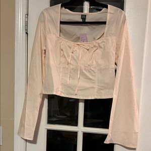 Wild Fable Women's Pink Long Flare Sleeve Top Square Neck Crop